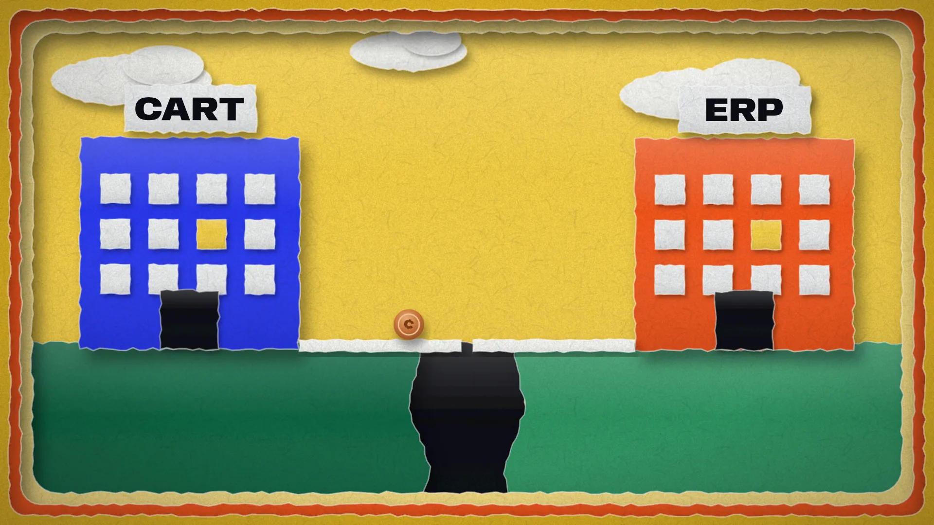 Two papercut buildings, CART and ERP, joined by a bridge that doesn’t meet; a coin falls through the gap