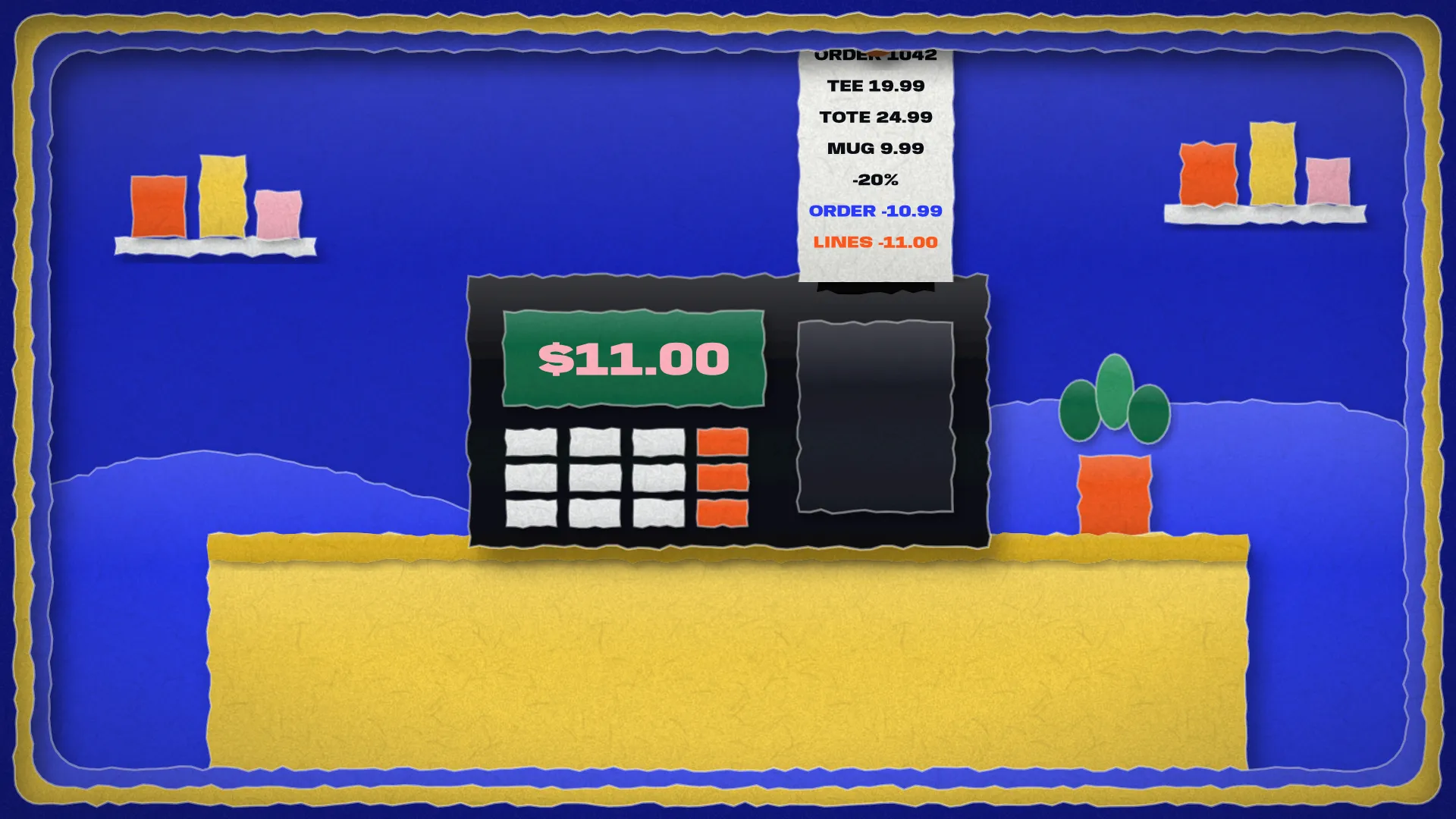 A papercut cash register shows $11.00 while its receipt reads order −$10.99 and lines −$11.00