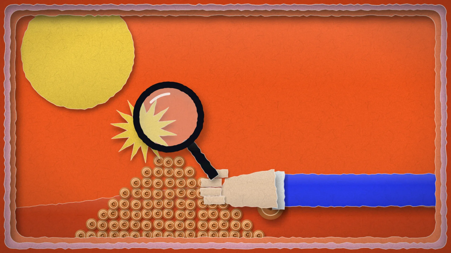 A papercut hand holds a magnifying glass over a pile of coins and finds the one missing cent